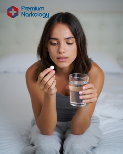 Женщина сидит с таблеткой