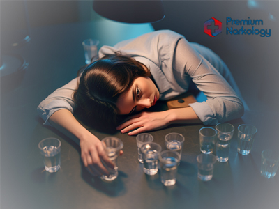 Девушка уснула за столом перед пустыми стопками