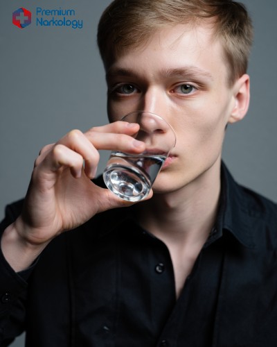 Молодой парень пьет прямо из рюмки